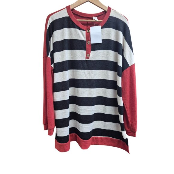 Jade By Jane Striped Long Sleeve Tunic Top 3XL Red & Black With Buttons - Picture 2 of 4